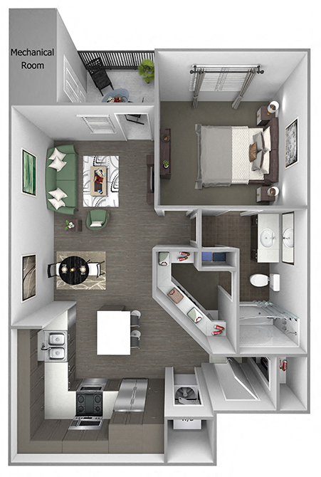 Floor plan for 1 bed, 1 bath, 712 sqft